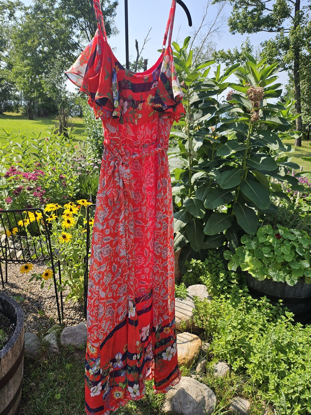 Red Floral Midi Dress with Ruffle Straps